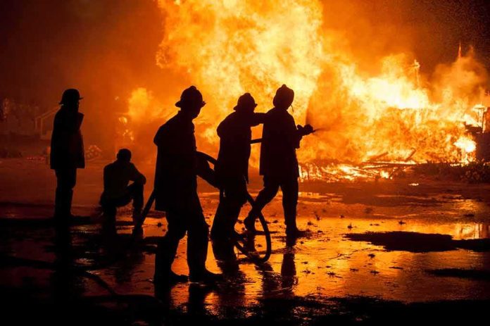 Firefighters battling a large blaze at night