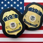 ICE badges on an American flag background
