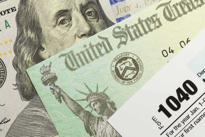 shutterstock_324599615 U.S. tax refund check, 1040 form, and hundred-dollar bill