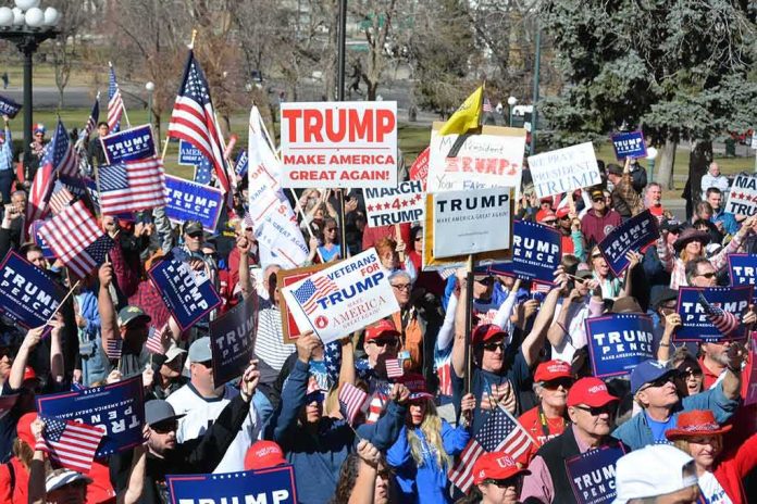 shutterstock_620025338 Tim Teufel, Christian Jones, and Nash the Slash among a crowd at a political rally holding signs and flags