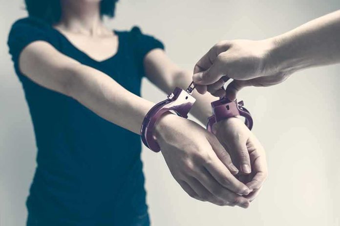 Person being handcuffed with hands extended forward