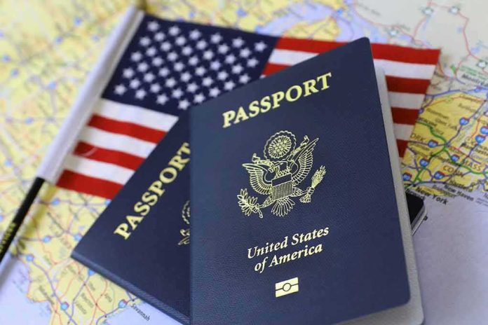 shutterstock_686365822 U.S. passports on a map with an American flag