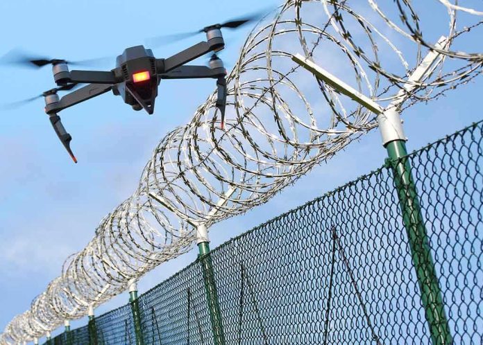 Drone flying near barbed wire security fence