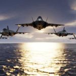 British Fighter Jets Rush to Stop HOUTHI Missiles Five jets flying low over the ocean at sunset.