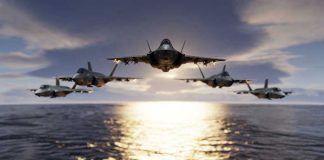 British Fighter Jets Rush to Stop HOUTHI Missiles Five jets flying low over the ocean at sunset.