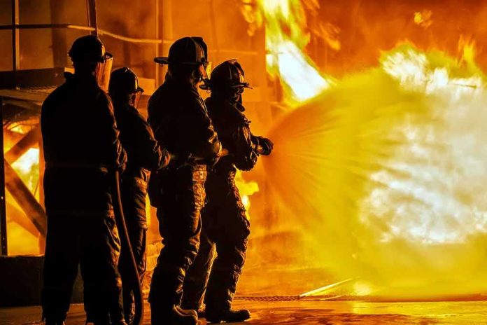 shutterstock_1101761978 Firefighters battling a large blaze with a hose