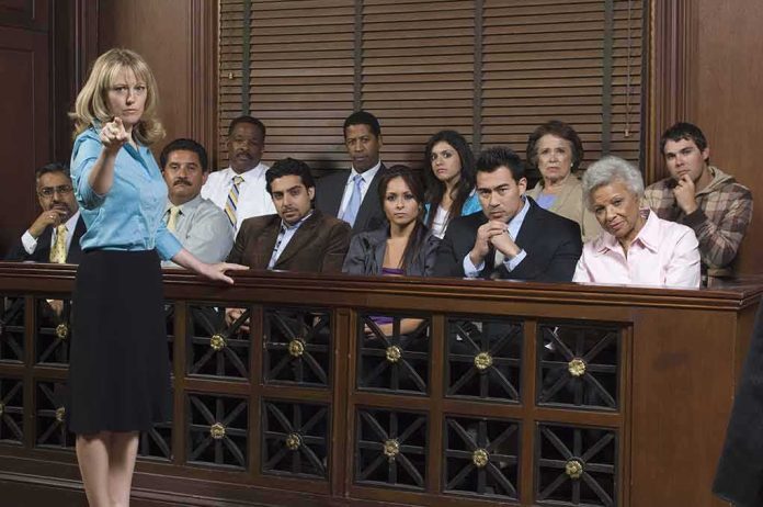 shutterstock_121503343-1 Attorney pointing toward the jury in a courtroom