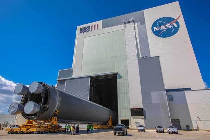 Rocket stage moved on transporter outside large NASA assembly building