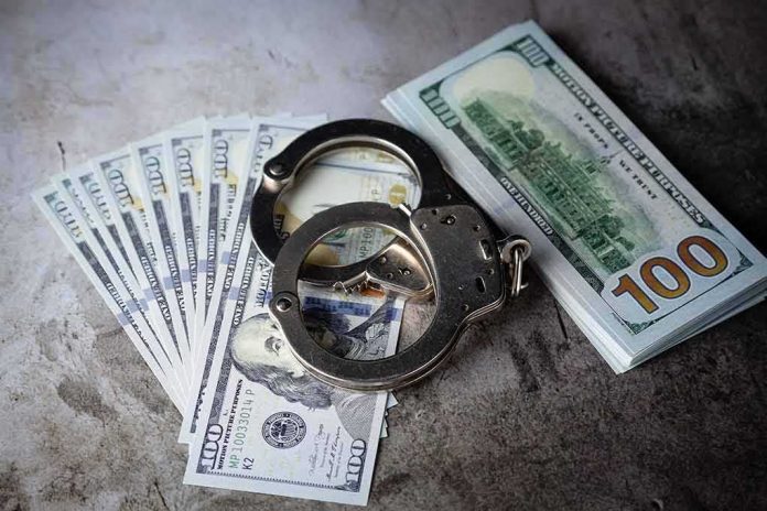 Handcuffs on US hundred-dollar bills