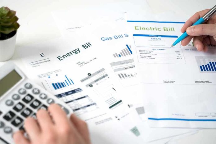 shutterstock_2050722521 Hands reviewing utility bills with calculator and pen