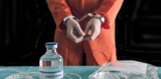 Handcuffed person in orange jumpsuit behind medical vials and IV equipment